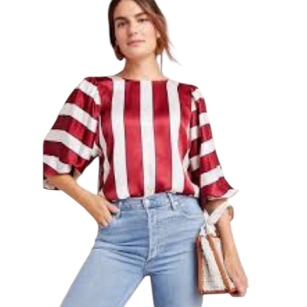 Anthropologie Red and White Striped Satin Blouse